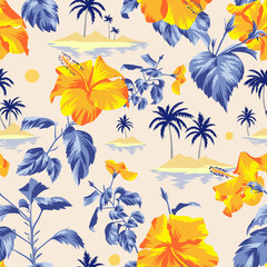 Fototapeta na wymiar Seamless island botanical pattern. Colorful summer tropical background. Landscape with palm trees, beach and ocean mixed with large yellow Chinese Hibiscus rose flowers. Flat design, Floral bloom.