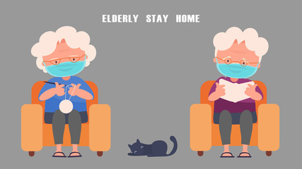 Stay at home concept crisis situation that we’re all experiencing around the world due to the coronavirus outbreak,Elderly couple Rest at home Doing reading activities. Knitting.
