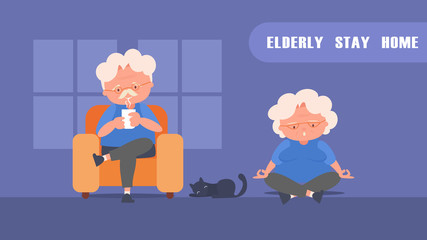 Stay home elderly couple 
Rest and exercise Reduce the risk infection disease concept crisis situation that we’re all experiencing around the world due to the coronavirus Coronavirus 2019- ncov.