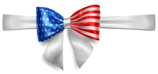 Big bow made of ribbon in USA flag colors with shadow on white background