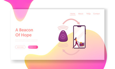 Internet of Things, Wifi Connection for Mobile Phone Landing Page Template. Female Character Push Shopping Trolley on Smartphone Screen with Beacon Technology Connection. Cartoon Vector Illustration