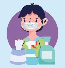 boy with medical mask and hand sanitizer gel, liquid soap, paper, covid 19