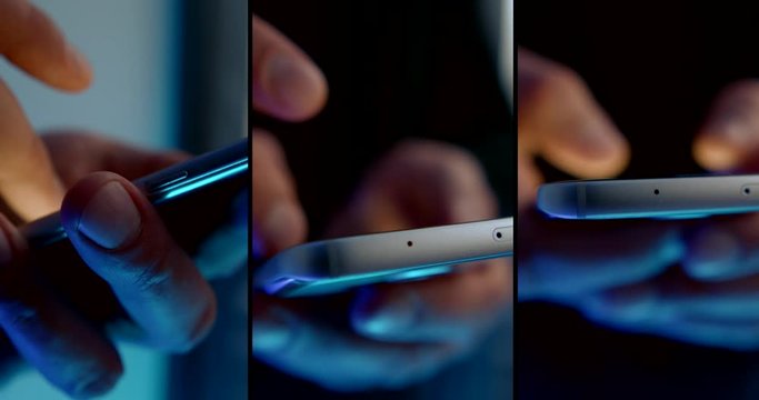 man is using smartphone, typing sms, closeup of palms, triple collage