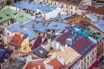 Roofs of Lviv Old Town, view from City Hall tower, Ukraine