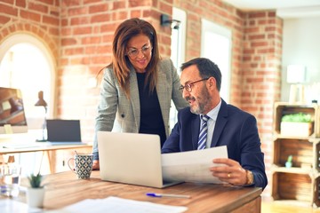 Two middle age business workers smiling happy and confident. Working together with smile on face using laptop at the office