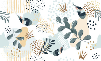 Seamless exotic pattern with tropical plants and gold elements. Vector hand draw