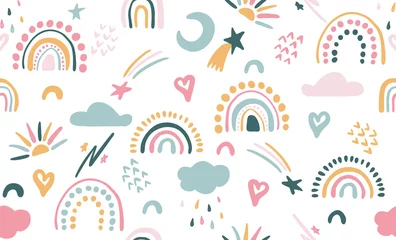 Wallpaper murals Rainbow Seamless vector pattern with hand drawn rainbows and sun. Trendy baby texture