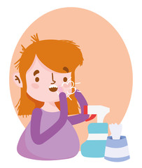 coughing girl with paper box and hand sanitizer gel, covid 19 coronavirus pandemic prevention