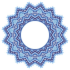 Ceramic tile pattern. Decorative round ornament. White background with art frame. Islamic, indian, arabic motifs.