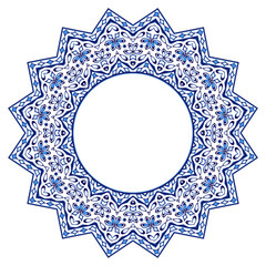 Ceramic tile pattern. Decorative round ornament. White background with art frame. Islamic, indian, arabic motifs.