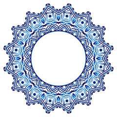 Ceramic tile pattern. Decorative round ornament. White background with art frame. Islamic, indian, arabic motifs.