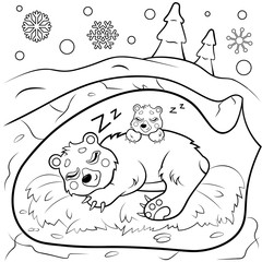 Cute cartoon sleeping bears in den in winter vector coloring page. Bear mom with her cub . Coloring book of forest animals for kids