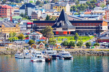 Ushuaia, Argentina,  city view from the sea.
 Ushuaia is the southernmost city in Argentina (and...