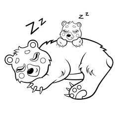 Cute cartoon sleeping bears vector coloring page. Bear mom with her cub. Coloring book of forest animals for kids
