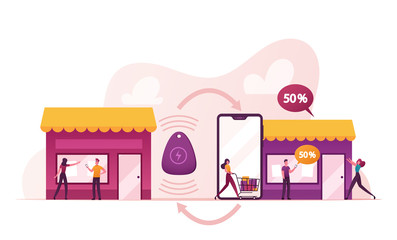 Male and Female Characters Using Beacon Technology for Shopping. Internet of Things, Communication Network, Exchange and Share Information Wireless Connection, Iot. Cartoon Vector People Illustration