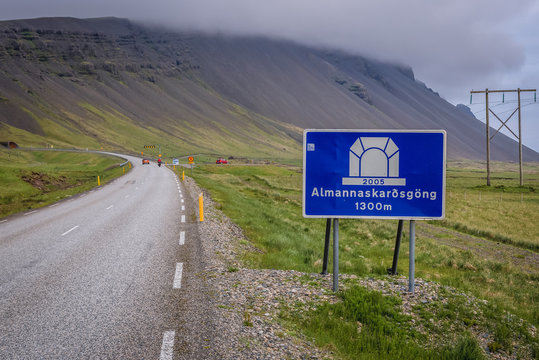 Sign near Almannaskard tunnel in Iceland
