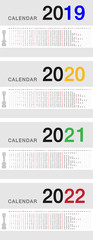 Year 2019 and Year 2020 and Year 2021 and Year 2022 calendar vector design template, simple and clean design for organization and business. Week Starts Monday. 