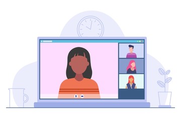 Video conference online. Desktop application for video meeting online. Flat modern style illustration. Concept of remote communication. Vector illustration isolated on white background.