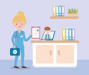 nurse with stethoscope and medical report online consultation grandpa, doctors and elderly people