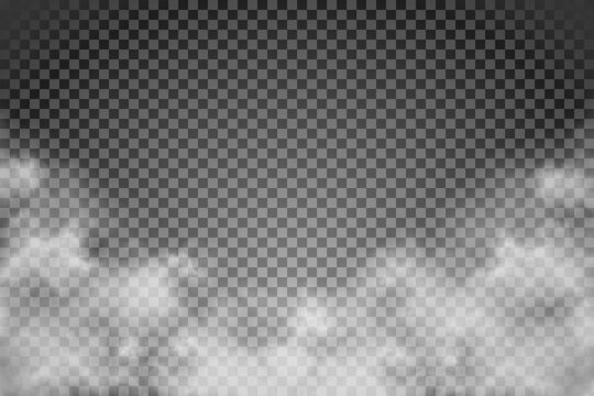 White fog texture isolated on transparent background. Steam special effect. Realistic vector fire smoke or mist