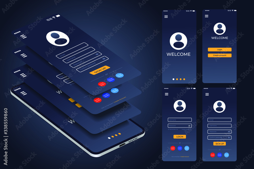 Aufkleber welcome screen. login and register on screen. log in and sign up ui ux on smartphone screen. login a