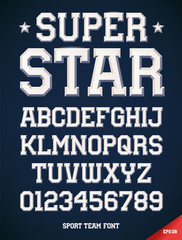 Classic style Sport Team slab serif font, metallic beveled alphabet and numbers. Upper case. Vector illustration. - obrazy, fototapety, plakaty