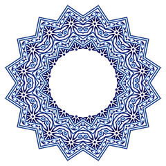 Ceramic tile pattern. Decorative round ornament. White background with art frame. Islamic, indian, arabic motifs.