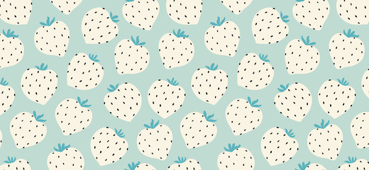Modern white strawberry seamless pattern. Big white round strawberries on blue. Big bold berries. Berry pattern design for textiles, web banner, cards. Fresh summer fruits. Trendy vector design.