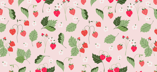 Wild strawberries pattern. Seamless strawberry and leave texture for fabrics, web banner design. Small red berries on a pink background. Repeating texture. Delicious berries background, wallpaper.