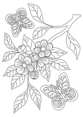 COLORING BOOK WITH CHERRIES AND BUTTERFLIES IN VECTOR