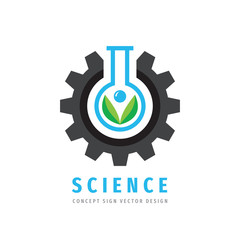 Science logo concept design. Gear, test tube & green leaves creative sign. Cogwheel & flask symbol. Chemical pharmacology medicine icon. Industrial factory logo. Vector illustration.  