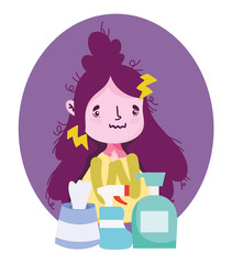 girl with symptoms fever cold and products medical care, covid 19 coronavirus pandemic prevention