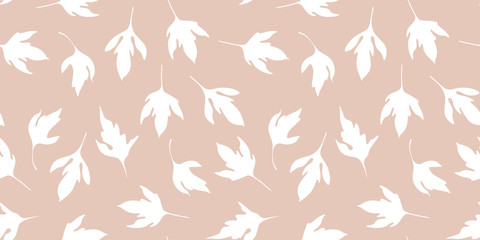 White leaves on a beige seamless pattern. Minimalistic fabric, wrapping paper repeating hand-drawn vector design. Floral, botanical elements on a soft skin tone background. Neutral elegant design.