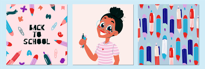 School card set. Three cute schools, university greeting card designs. A girl holding pencils, modern back to school text, pens and pencils on a soft blue background. Modern vector illustration. 