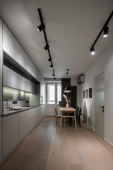 Interior of illuminated modern kitchen with white walls