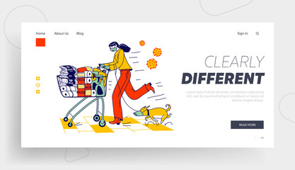 Obraz na płótnie Canvas Character Prepare for Apocalypse Landing Page Template. Woman in Mask Pushing Shopping Cart Full of Different Goods for Doomsday. Panic in Supermarket, Pandemic Chaos. Linear Vector Illustration