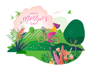 Cute girl rides a Bicycle with flowers. The concept of mother's Day. Great for greeting cards, banners, invitations, and holiday events. Vector illustration.