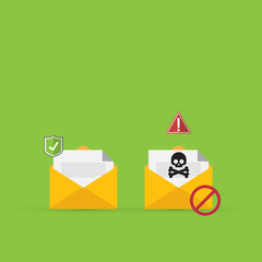 Email / envelope with black document and skull icon. Virus, malware, email fraud, e-mail spam, phishing scam, hacker attack concept. Vector illustration