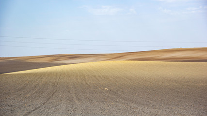 Panoramic view of open field in rural landscape under the blue sky