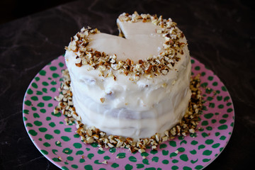 Homemade healthy carrot cake, white frosting, delicious cake, cake slice