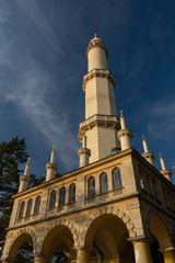 Fototapeta na wymiar Lednice Minaret is about 62 meters high romantic lookout tower . It is located in the Lednice Castle Park and is part of the Lednice-Valtice UNESCO World Heritage Site.