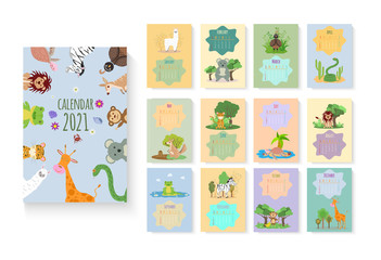 Calendar for 2021. Forest and animals. Colorful vector