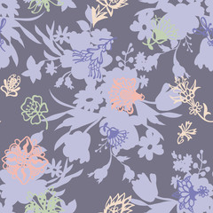 Garden flowers in bloom. Tulip heads silhouettes and trendy flat outline drawing. Bright floral seamless pattern. Vintage botanical illustration. Textile and fabric usage, fashion design.