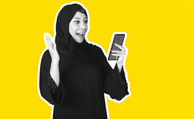 Collage of young exited Arabic girl model in traditional abaya and Hjiab clothes with mobile in...