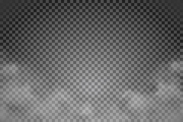 White fog texture isolated on transparent background. Steam special effect. Realistic vector fire smoke or mist