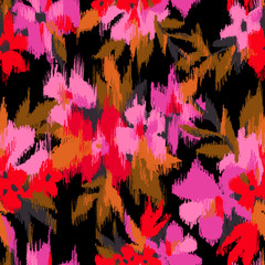 Blurry flowers bouquet seamless pattern. Summer garden mixture ornament with large flower heads. Watery florals and embroidery textured surface. Blurring premium design for textile, fabric and fashion