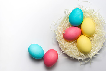 Fototapeta na wymiar Colorful Easter eggs in nest isolated on white background. Happy Easter card, copy space, close-up