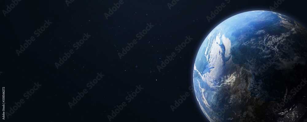Poster earth planet in dark outer space on background. wide high resolution sci-fi wallpaper. elements of t
