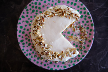 Homemade healthy carrot cake, white frosting, delicious cake, cake slice