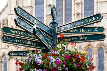 Street sign with directions to several landmarks in the english city of York
